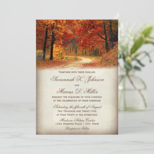 Rustic Fall Leaves Autumn Wedding Invitations Kaart (Staand voorkant)
