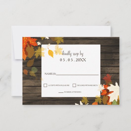 Rustic Fall leaves Barn Wood Fall Wedding rsvp Kaart (Voorkant)