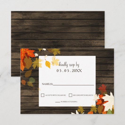Rustic Fall leaves Barn Wood Fall Wedding rsvp Kaart (Voorkant / Achterkant)