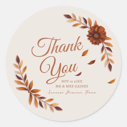 Rustic Fall Leaves Beige Wedding Thank You Ronde Sticker (Voorkant)