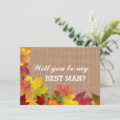Rustic Fall Leaves Burlap BEST MAN Uitnodiging (Staand voorkant)