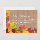 Rustic Fall Leaves Burlap BRIDESMAID Kaart (Achterkant)