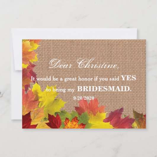 Rustic Fall Leaves Burlap BRIDESMAID Kaart (Achterkant)