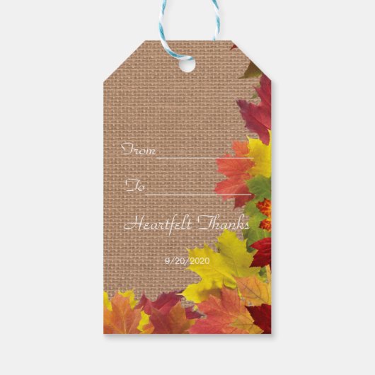 Rustic Fall Leaves Burlap Wedding Cadeaulabel (Achterkant)