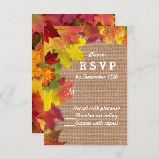 Rustic Fall Leaves Burlap Wedding RSVP (Voorkant / Achterkant)