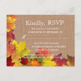 Rustic Fall Leaves Burlap Wedding RSVP Uitnodiging Briefkaart