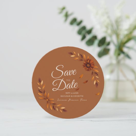 Rustic Fall Leaves Burnt Sienna Beige Wedding Save The Date (Staand voorkant)