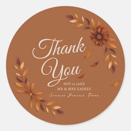 Rustic Fall Leaves Burnt Sienna Wedding Thank You  Ronde Sticker (Voorkant)