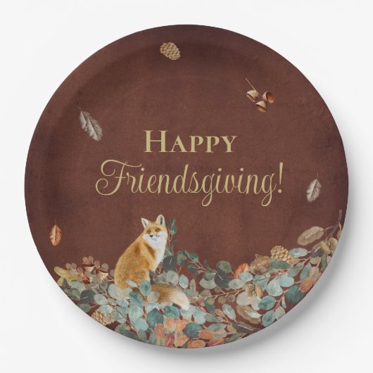 Rustic Fall Leaves en Fox Friendsgiving Papieren Bordje (Voorkant)