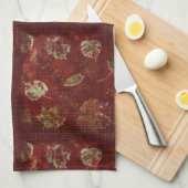Rustic Fall Leaves Primitive Gingham Tile Burgundy Theedoek (Quarter Fold)