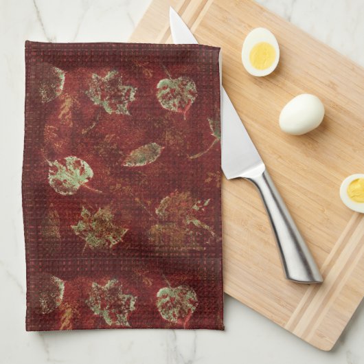 Rustic Fall Leaves Primitive Gingham Tile Burgundy Theedoek (Quarter Fold)