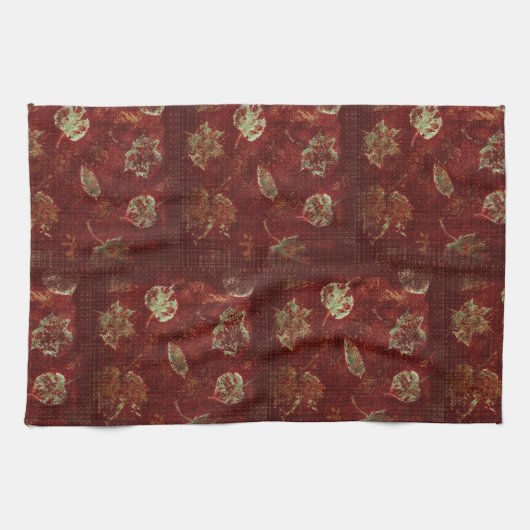 Rustic Fall Leaves Primitive Gingham Tile Burgundy Theedoek (Horizontaal)