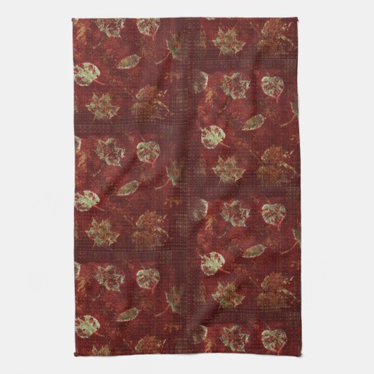 Rustic Fall Leaves Primitive Gingham Tile Burgundy Theedoek (Verticaal)