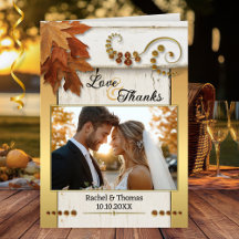 Rustic Fall Leaves Wedding Photo Thank You Card