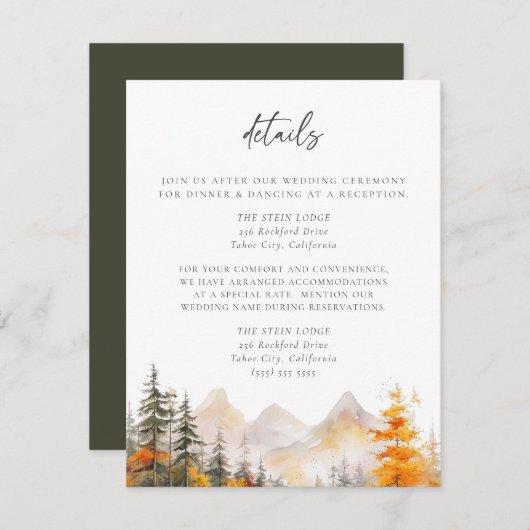 Rustic Fall Mountain Pine Forest Wedding Details Informatiekaartje (Voorkant / Achterkant)