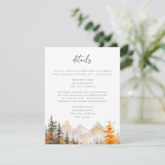 Rustic Fall Mountain Pine Forest Wedding Details Informatiekaartje (Staand voorkant)