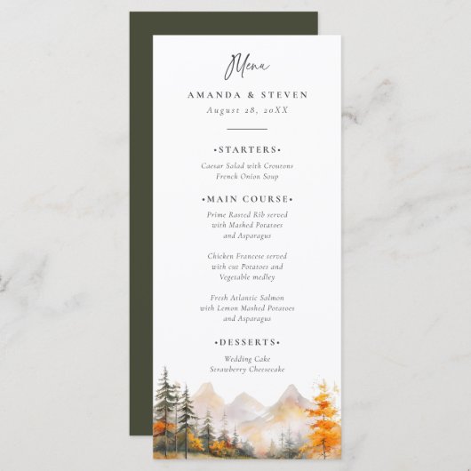 Rustic Fall Mountain Pine Forest Wedding Menu (Voorkant / Achterkant)