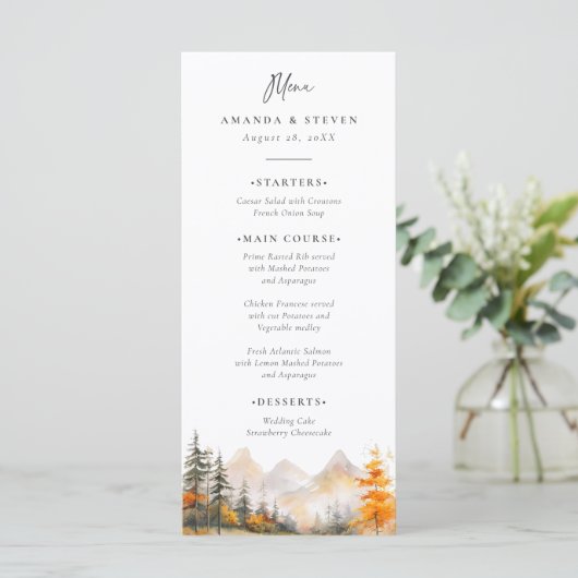 Rustic Fall Mountain Pine Forest Wedding Menu (Staand voorkant)