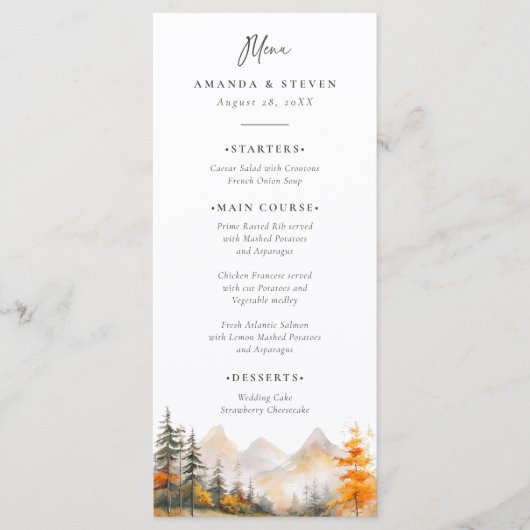 Rustic Fall Mountain Pine Forest Wedding Menu (Voorkant)
