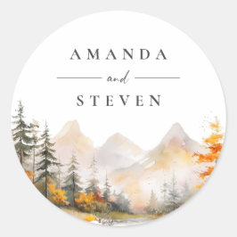 Rustic Fall Mountain Pine Forest Wedding Ronde Sticker