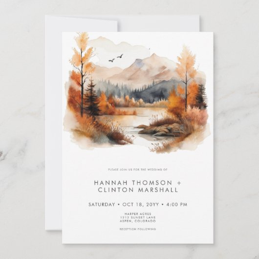 Rustic Fall Mountain Scene Watercolor Wedding Kaart (Voorkant)