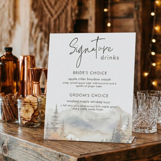 Rustic Fall Mountain Scene Wedding Signature Drink Reclamebord Met Voetstuk