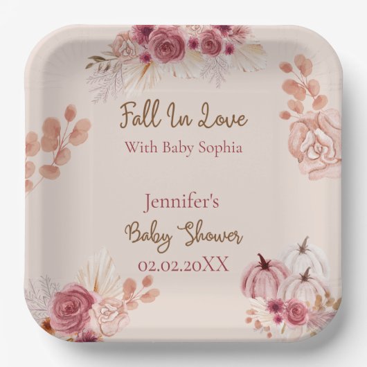 Rustic Fall Pink Pumpkin Fall In Love Baby Shower Papieren Bordje (Voorkant)