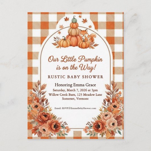 Rustic Fall Pumpkin Fox Baby Shower Invitation Briefkaart (Voorkant)