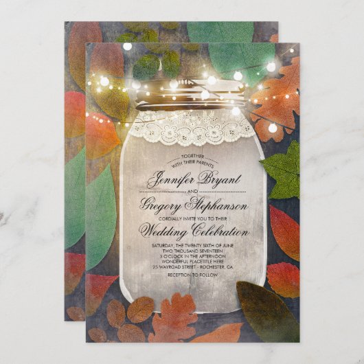 Rustic Fall verlaat Mason Jar String Lights bruilo Kaart (Voorkant / Achterkant)