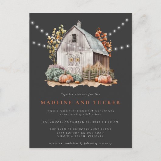 Rustic Fall Wedding Barn String Lights Briefkaart (Voorkant)