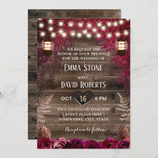 Rustic Fall Wedding Lantern Burgundy Red Flowers Kaart (Voorkant / Achterkant)