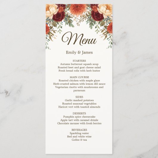 Rustic Fall Wedding Menu Kaart | Bourgondische Roz (Voorkant)