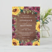 Rustic Fall Wedding Sunflower Burgundy Floral Kaart (Staand voorkant)
