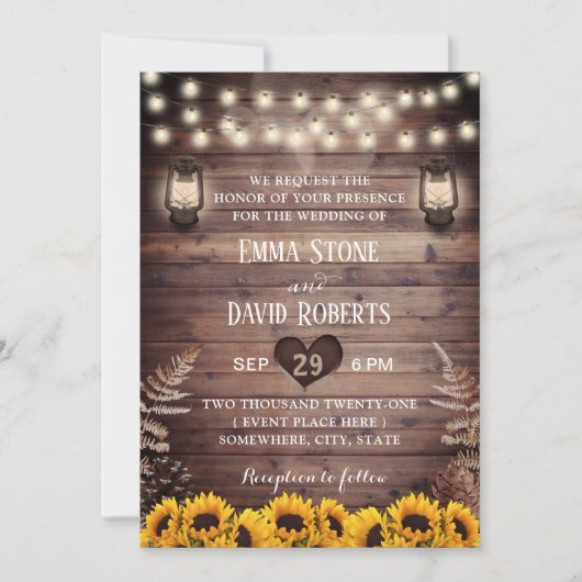 Rustic Fall Wedding Sunflower &  lampjes Kaart (Voorkant)