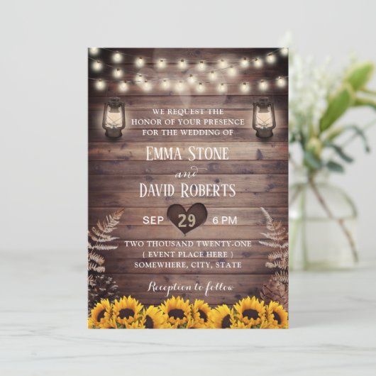 Rustic Fall Wedding Sunflower &  lampjes Kaart (Staand voorkant)