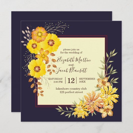 Rustic Fall Wedding Yellow Wilde Rozen, eendenblau Kaart (Voorkant / Achterkant)