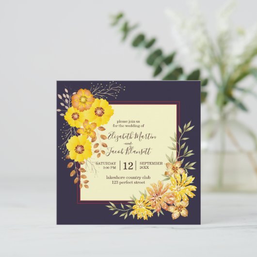 Rustic Fall Wedding Yellow Wilde Rozen, eendenblau Kaart (Staand voorkant)