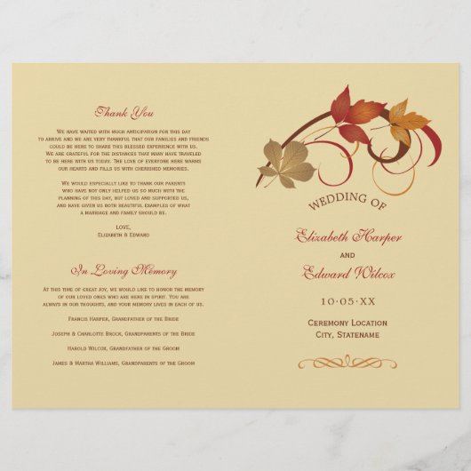 Rustic Falling Leaves Golden Fall Wedding Programs (Voorkant)