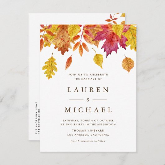 Rustic Falling verlaat Autumn Wedding QR-code Uitnodiging Briefkaart (Voorkant / Achterkant)