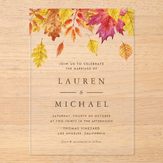 Rustic Falling verlaat Garland herfstbruiloft Acryl Uitnodigingen (Voorkant)