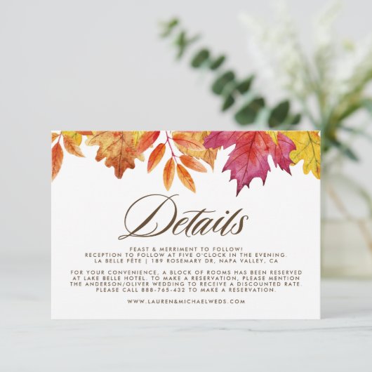 Rustic Falling verlaat herfstbruiloftsdetails Informatiekaartje (Staand voorkant)