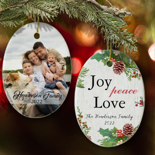 Rustic Family Foto 2-zijdig Joy Peace Love Xmas Keramisch Ornament