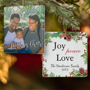 Rustic Family Foto 2-zijdig Joy Peace Love Xmas Keramisch Ornament