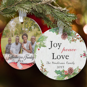 Rustic Family Foto 2-zijdig Joy Peace Love Xmas Ornament