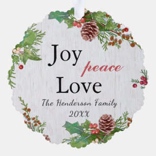 Rustic Family Foto 2-zijdig Joy Peace Love Xmas Ornament Kaart