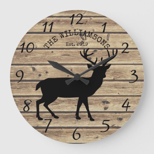 Rustic Family Name Wood Cabin Deer Buck Grote Klok (Voorkant)