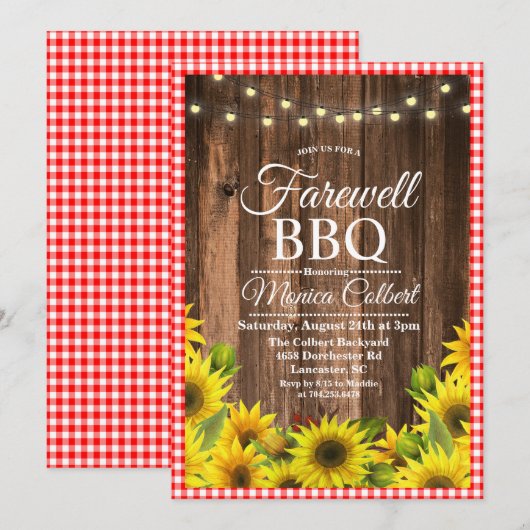Rustic Farewell BBQ Sunflower Uitnodiging (Voorkant / Achterkant)
