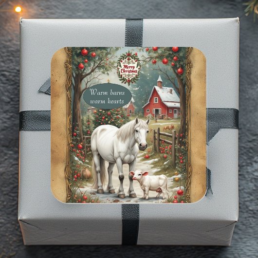 Rustic Farm Horse Lamb Red Barn Merry Christmas  Vierkante Sticker