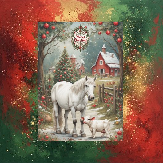 Rustic Farm Horse Red Barn Merry Christmas Card