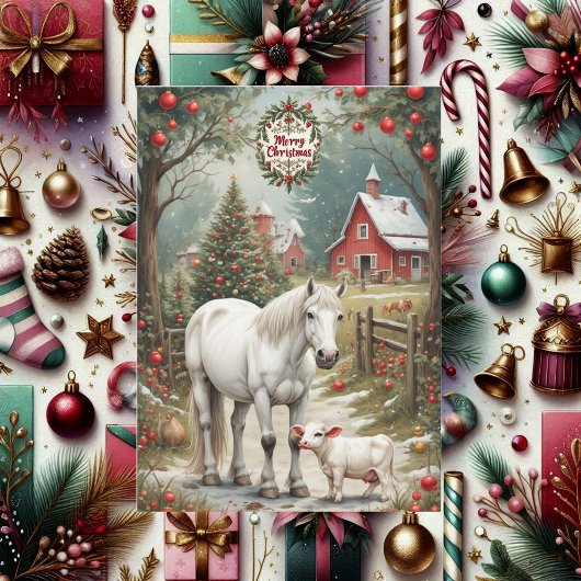 Rustic Farm Horse Red Barn Merry Christmas Card